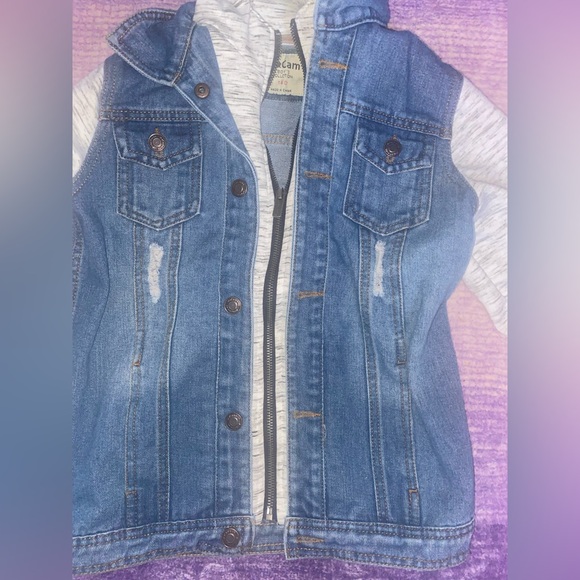 Kids/Youth Mixed Media Hooded Jean Jacket, Denim Size M - Picture 6 of 14